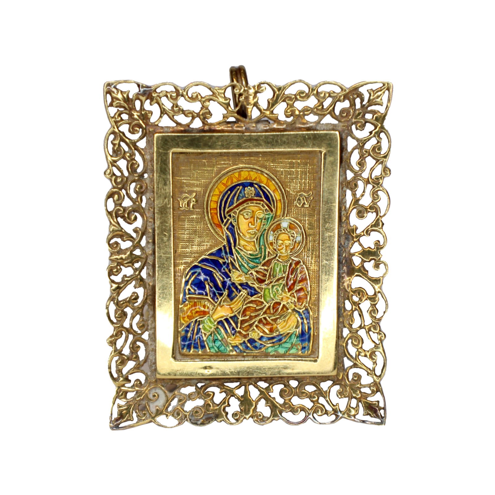 Enamel and Glass Madonna and Child Pendant with Stand For Frame: Set in 18k yellow gold, enamel and glassMadonna and Child pendant with standfor frame (convertible to standing image),weighing 16.7 grams. Hallmarked K18.