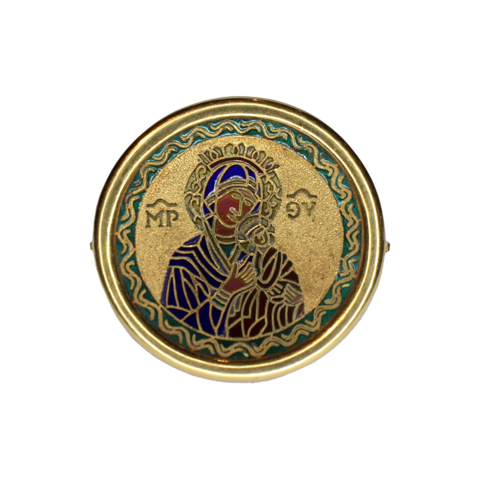 Enamel and Glass Madonna and Child Pendant with Stand For Frame: Set in 18k yellow gold, enamel and glassMadonna and Child pendant with standfor frame (convertible to standing image),weighing 21.6 grams.