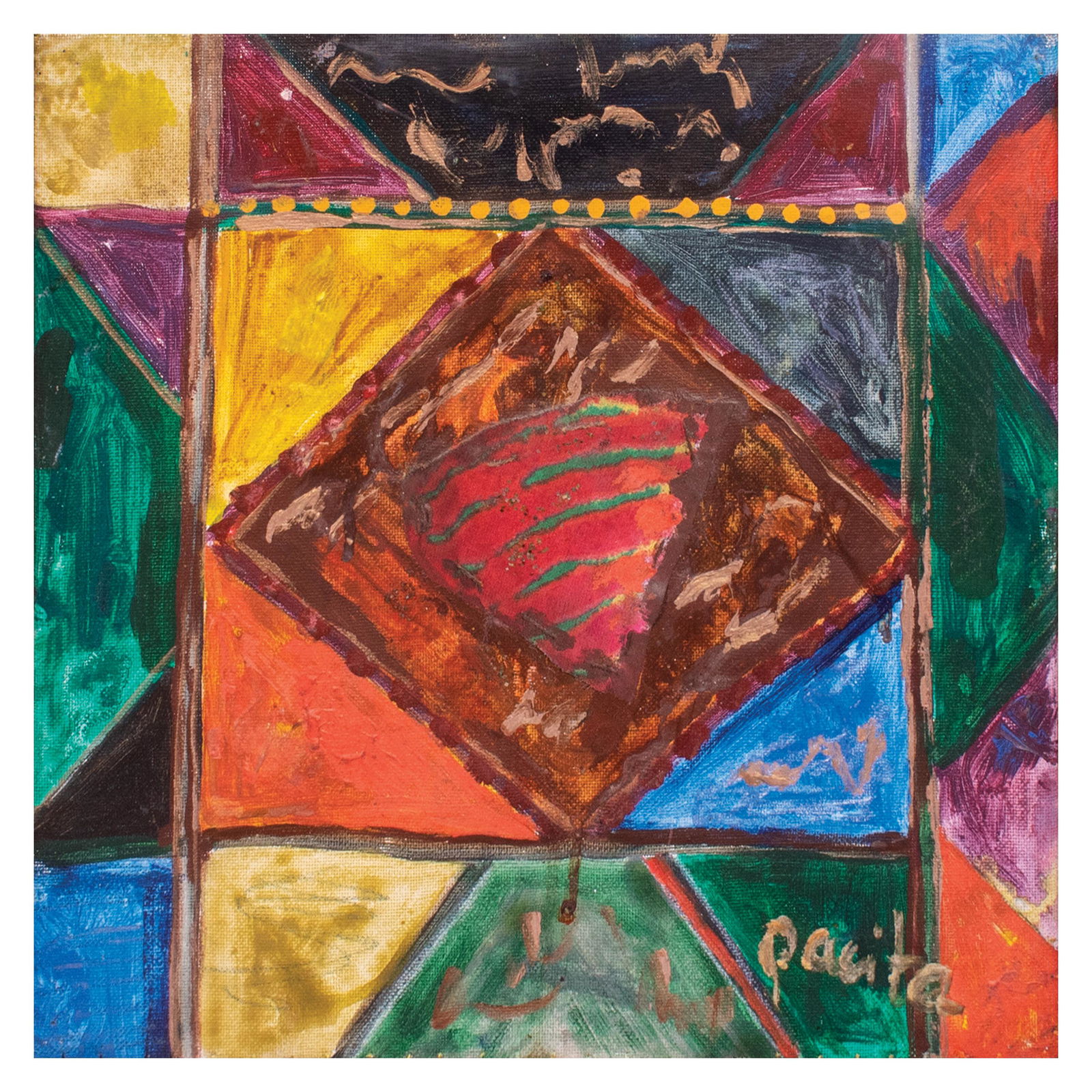 Pacita Abad (1946 - 2004): Gotta Art Outsigned (lower right) and dated 1998 (verso)oil on canvaswithout frame:12” x 12” (30 cm x 30 cm)with frame: 20” x 20” (51 cm x 51 cm)