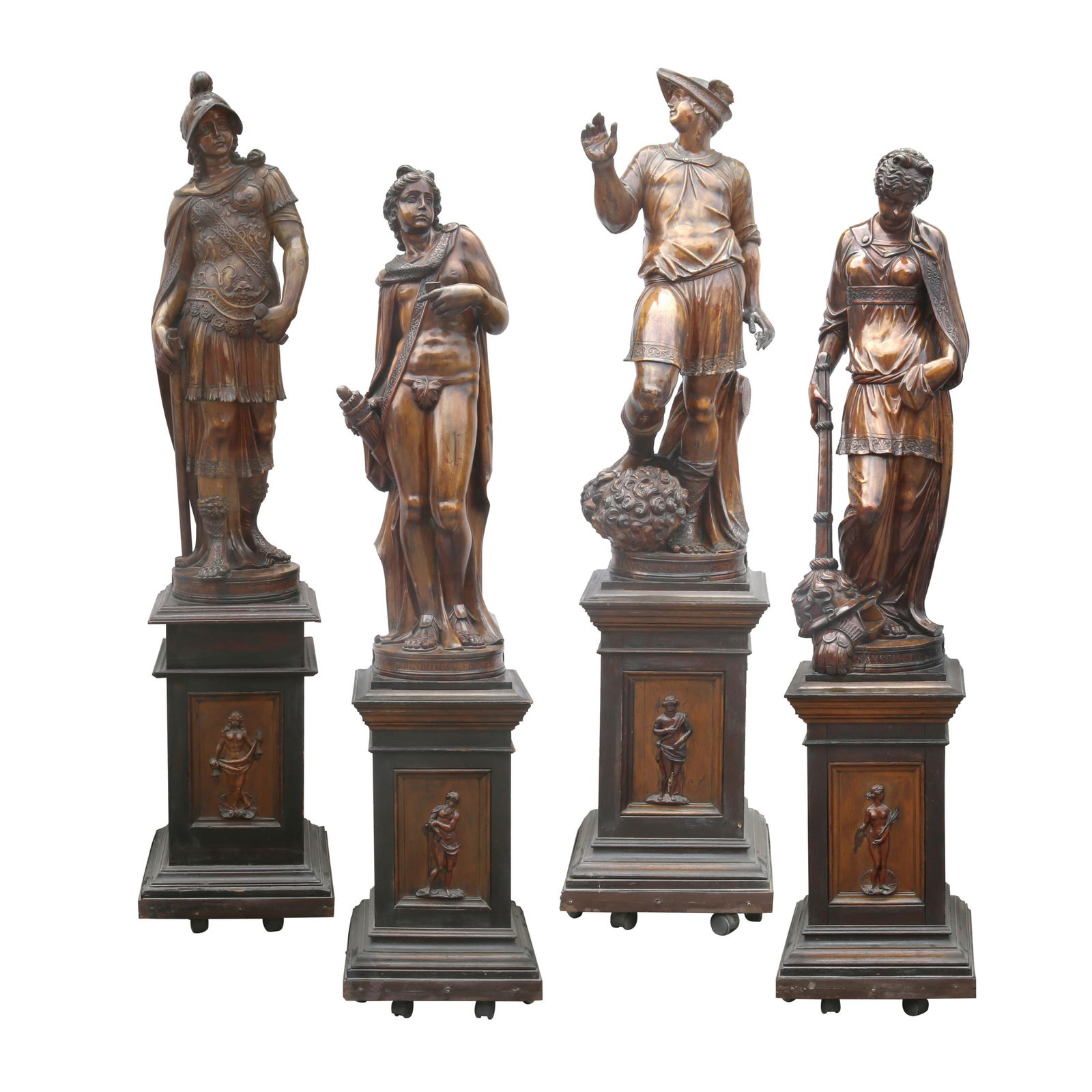 A Suite of Four Statues: Replicas of Jacopo Sansovino’s Four Gods of the Loggetta,executed in hardwood, mounted on plinths, 19th centurya) Minerva, the goddess of wisdom: 85” x 19” x 19” (216 cm x 48 c