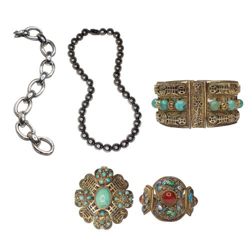 Hollow Linked Bracelet Ball Strand Necklace Bangle With Enamel, Red Agate Cabochon And Oriental: Hollow Linked BraceletSet in silver, hollow linked bracelet,weighing 44.80 grams and length 8 inches. Ball Strand NecklaceSet in silver, ball strand necklace of 20 inches length,weighing 77.60 grams.