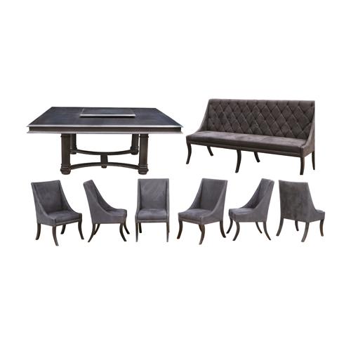 A Bespoke Dining Set: A Bespoke Dining Sethardwoodtable: H: 33” (83 cm) L: 78” (198 cm) W: 78” (198 cm)settee: 40” x 77” x 27” (102 cm x 196 cm x 69 cm)chairs: 40” x 23” x 21