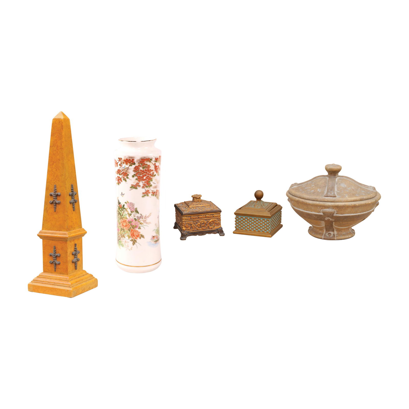 A Group of Decorative Items: A Group of Decorative Itemscomprising an obelisk, two decorative boxes, and a covered vessela) obelisk: 25” x 7” x 7” (64 cm x 18 cm x 18 cm)b) decorative box: 5” x 5 1/2&rdquo