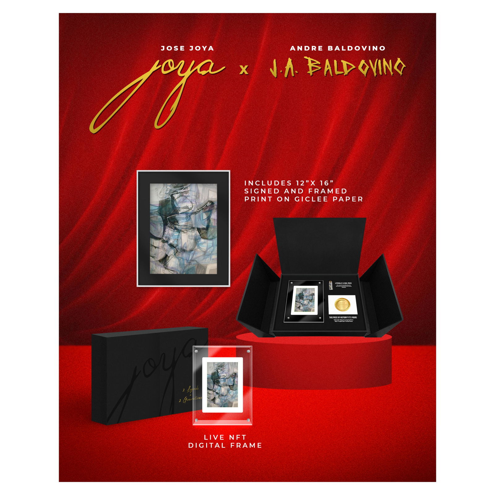 Jose Joya NFT: Jose Joya NFTFor each NFT that gets sold includes:a) an NFTb) Premium Collectible Box (with digital frame which hasthe NFT, a Certificate of Authenticity and a Vial tokenfrom the artist)c) signed one-