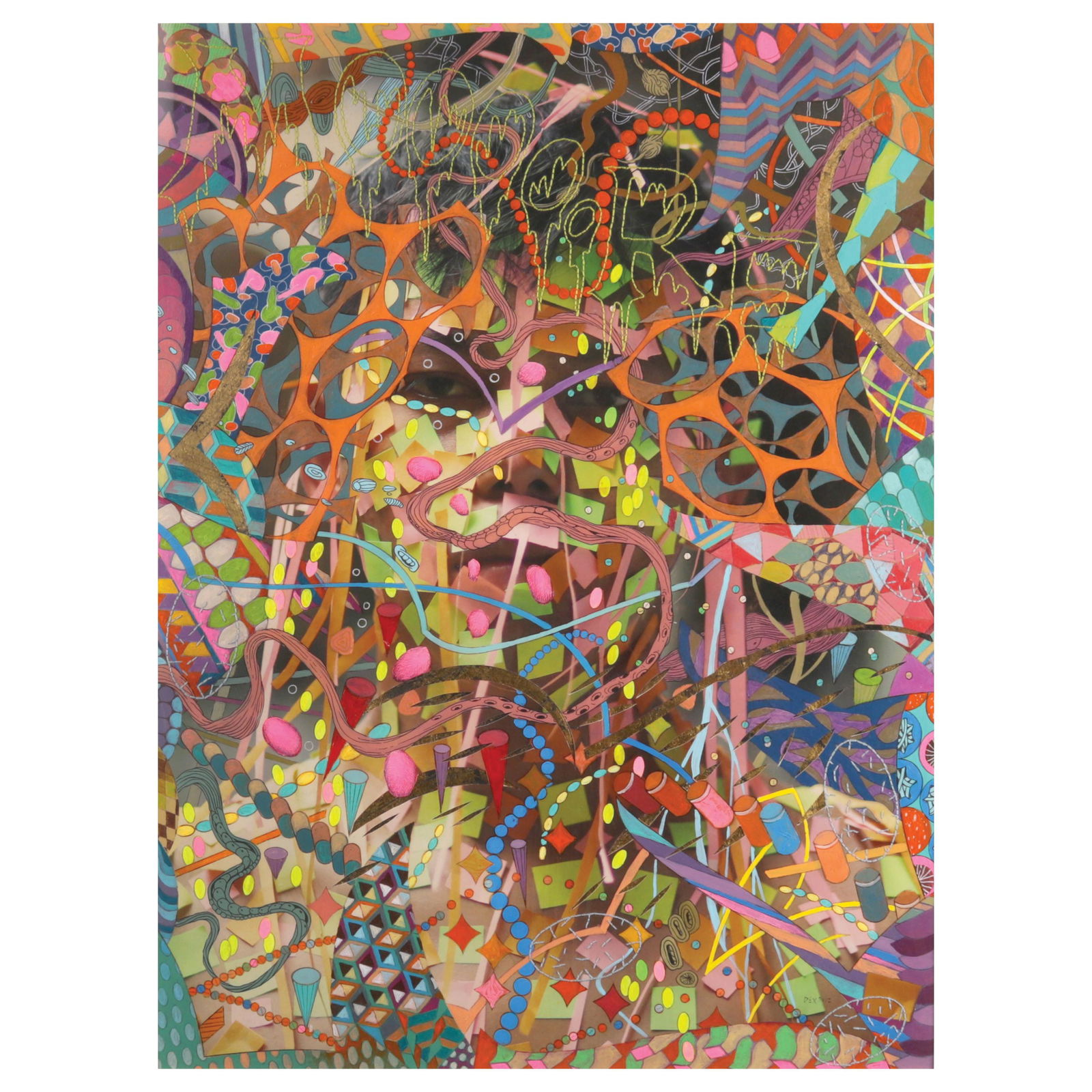 Dex Fernandez (b. 1984): Dex Fernandez (b. 1984) Moooooore signed and dated 2012 (lower right) mixed media (embroidery, oil, photograph) 24 1/2” x 18 1/4” (62 cm x 46 cm) Accompanied by a certificate issued b