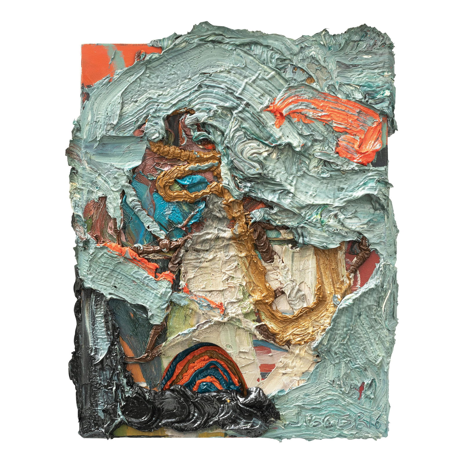 Jigger Cruz (b. 1984): Jigger Cruz (b. 1984)JsG#hjkl&ffffsigned and dated 2016 (lower right)oil on layered canvas and wood18 1/2" x 15" (47 cm x 38 cm)PROVENANCEPrivate Collection, Italy Jigger Cruz’