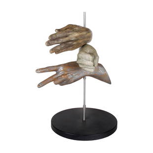 Yasmin Sison (b. 1972): Rock, Paper, Scissorspainted polyresin, stainless, steelrod on a steel plateseries 8/1216” x 9” x 10” (41 cm x 23 cm x 25 cm)