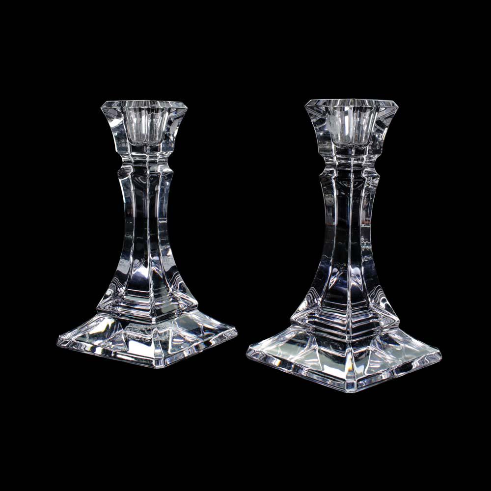 A Pair of Tiffany & Co. Pillar-form Candlestick Holders: crystal 7” x 4” x 4” (18 cm x 10 cm x 10 cm) each