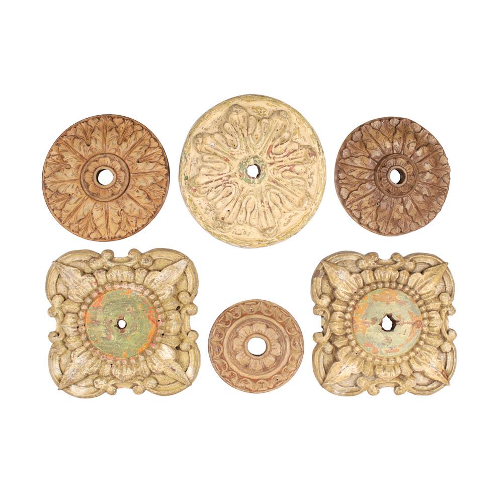 Six Chandelier Rosettes: hardwood i. H: 1 1/2” (4 cm) D: 12” (30 cm) ii. H: 1/2” (1 cm) D: 14” (36 cm) iii. H: 1 1/2” (4 cm) D: 11 1/2” (29 cm) iv. 1 1/2” x 12” x 12” (4 c
