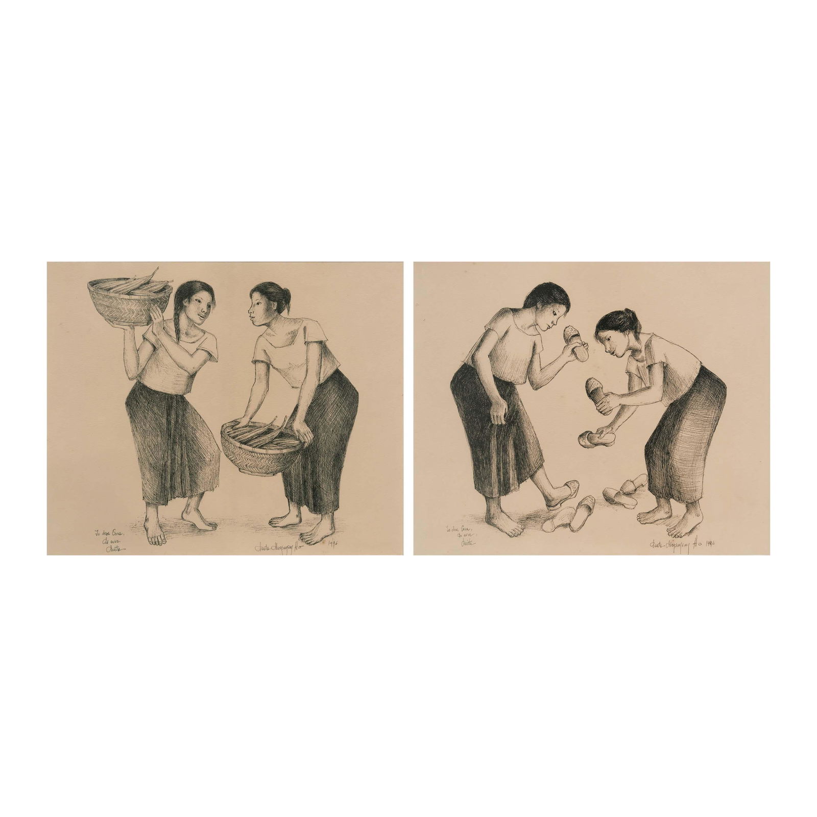 Anita Magsaysay Ho (1914 - 2012): a. Two Women with Basketsb. Slippershand signed and dated 1996(lower right); dedicated ‘To dear Cora / asever / Anita’ (lower left) eachprint11” x 13 1/2” (28 cm x 34 cm) each