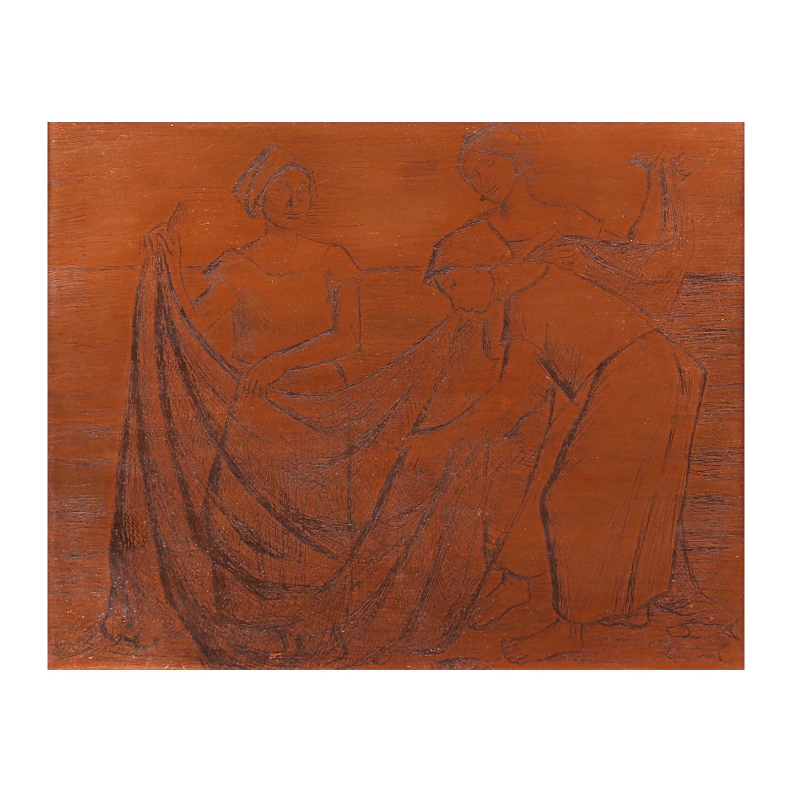 Anita Magsaysay Ho (1914 - 2012): 3 Women Mending a Fishing Netcopper11” x 14” (28 cm x 36 cm)