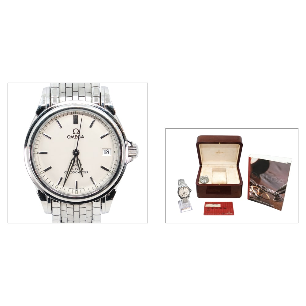 Omega â€˜DeVille Seamasterâ€™: A wristwatch of stainless steel, modelSeamaster De Ville Co-Axial Chronometer,Cal. 2500 mechanical movement withmanual winding and date. White dial withsilvered hour markers and hands. Braceletof stai
