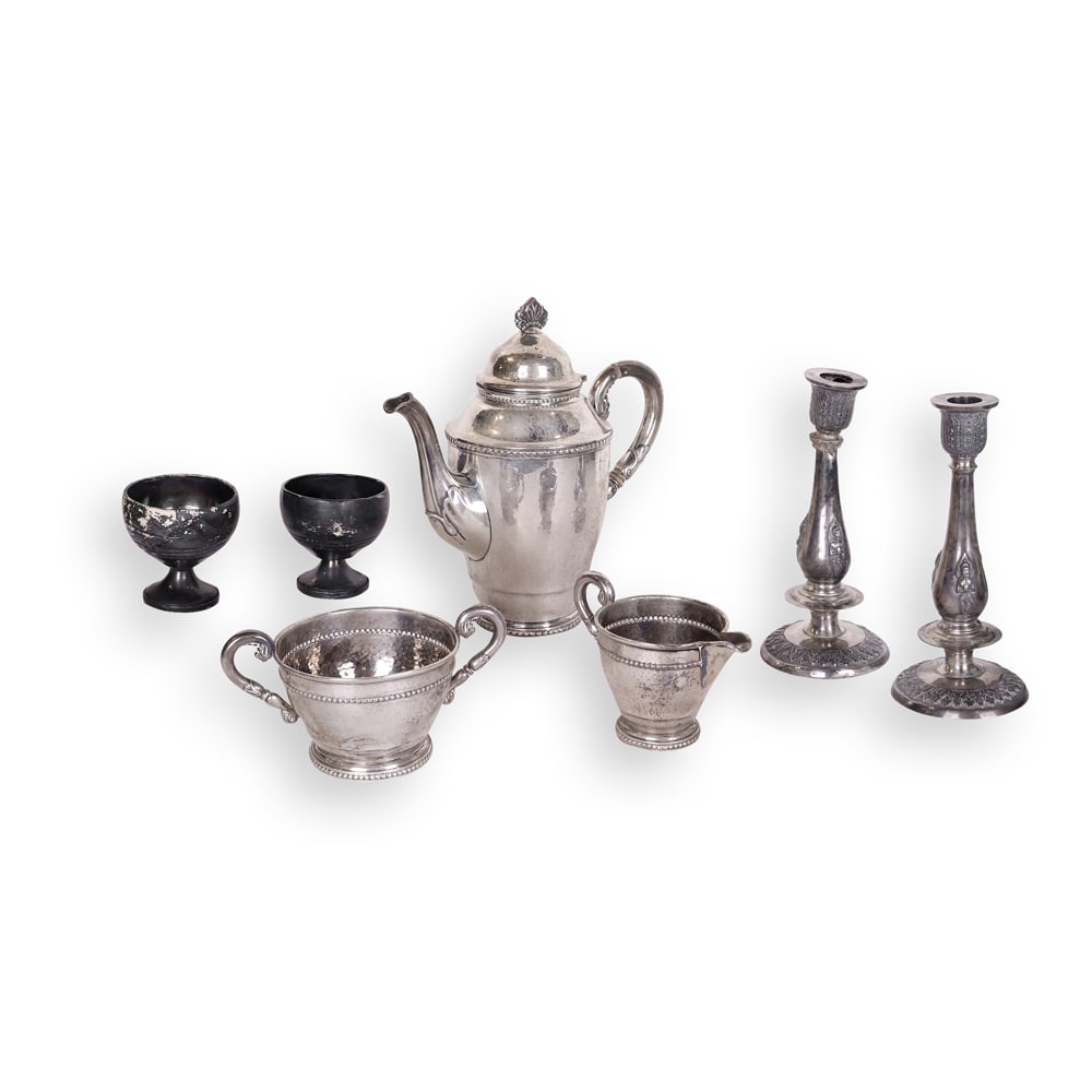 An Assembled Group of Silver Tablewares: "i. H: 3 1/4 D: 3 1/4” ii. H: 3 1/2” D: 3 1/4” iii. 10” x 9 1/2” x 4 1/2” iv. H: 8 1/4” D: 3 1/2” v. H: 8 1/4” D: 3 1/2” vi. 3 1/2” x