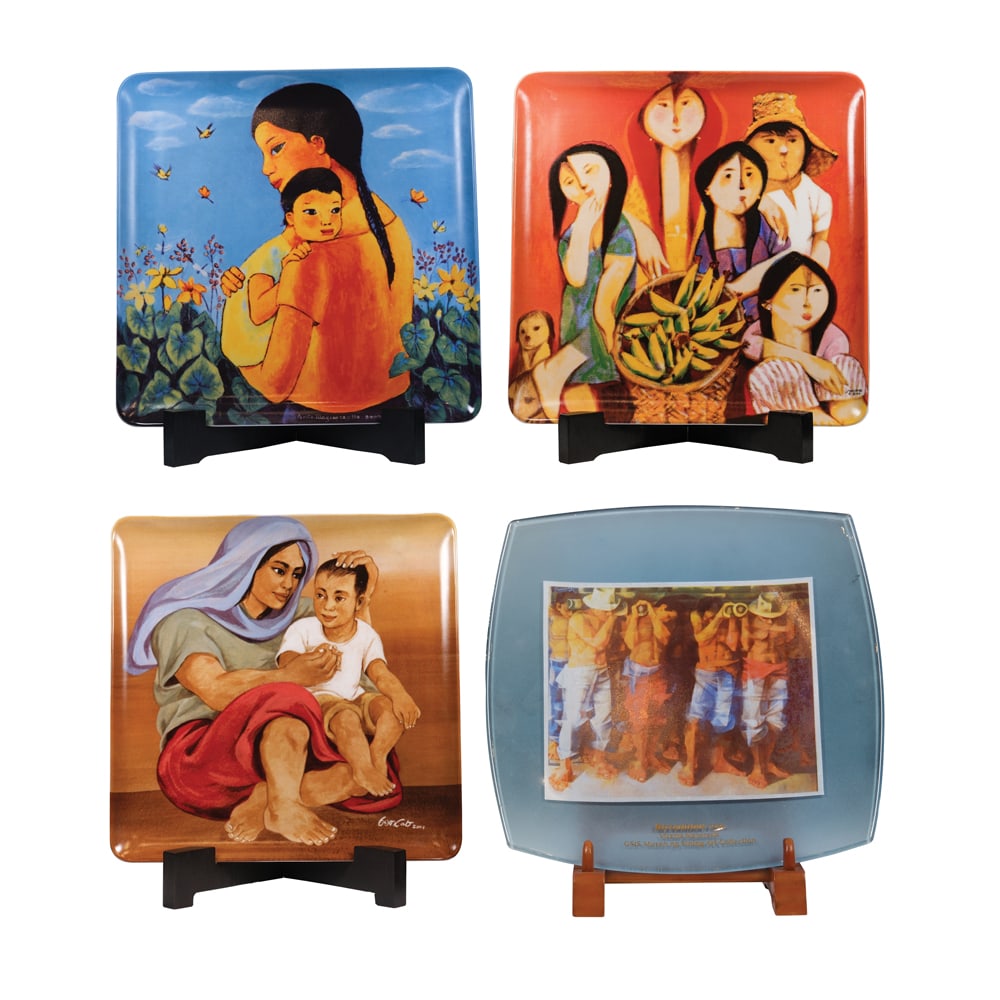 Three Centex Limited Edition Plates and a GSIS Museo ng Sining Art Collection Plate: i. Anita Magsaysay Ho, Mother and Child377/200012” x 12”ii. Malang Santos, 2 Dogs and 20 Bananas That’sAll They Have804/2000iii. Benedicto Cabrera, Mag-Ina155/2000iv. Vicente Manans