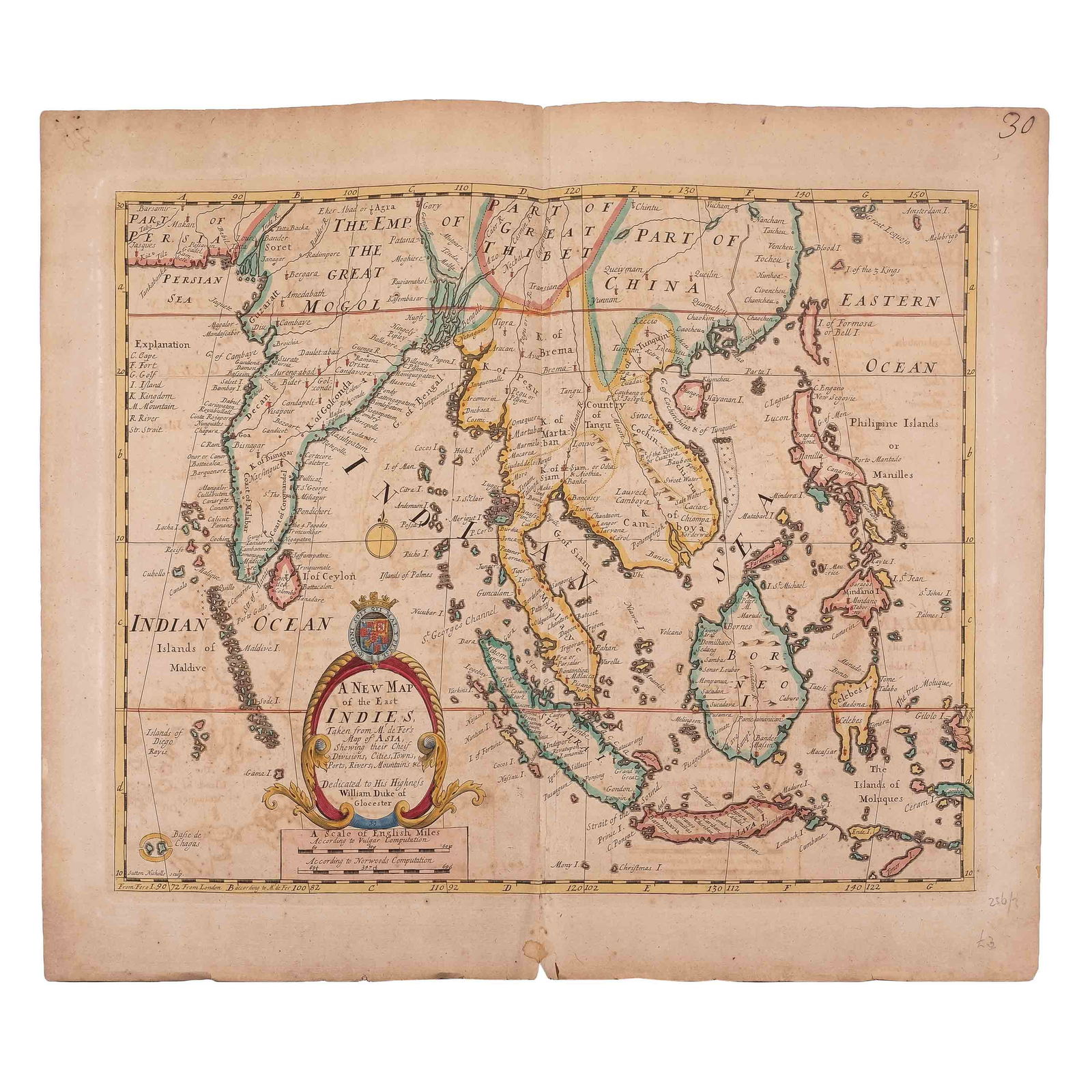 A new map of the East Indies taken from Mr. de Fer's Map of Asia, shewing their cheif divisions,: Edward Wells1701LondonMr. de FersEngravedColoredPaper44 cm x 58 cm CONDITION REPORTPOO A late 17th Century map of Southeast Asia, by EdwardWells, based upon the previous work by