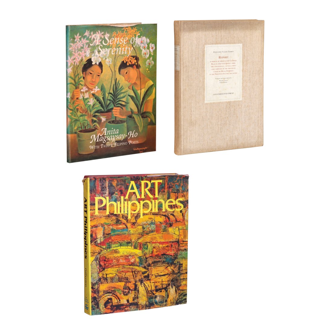 Three Philippine Art Related Books: a.) A Sence of Serenity By: Anita Magsaysay HoPublisher: The Crucible Workshop, PhilippinesPublication Date: 1996Hardcover / 12.2 x 9.3 inches / 71 pages / Colorb.) Fernando ValdesReport In Which, By