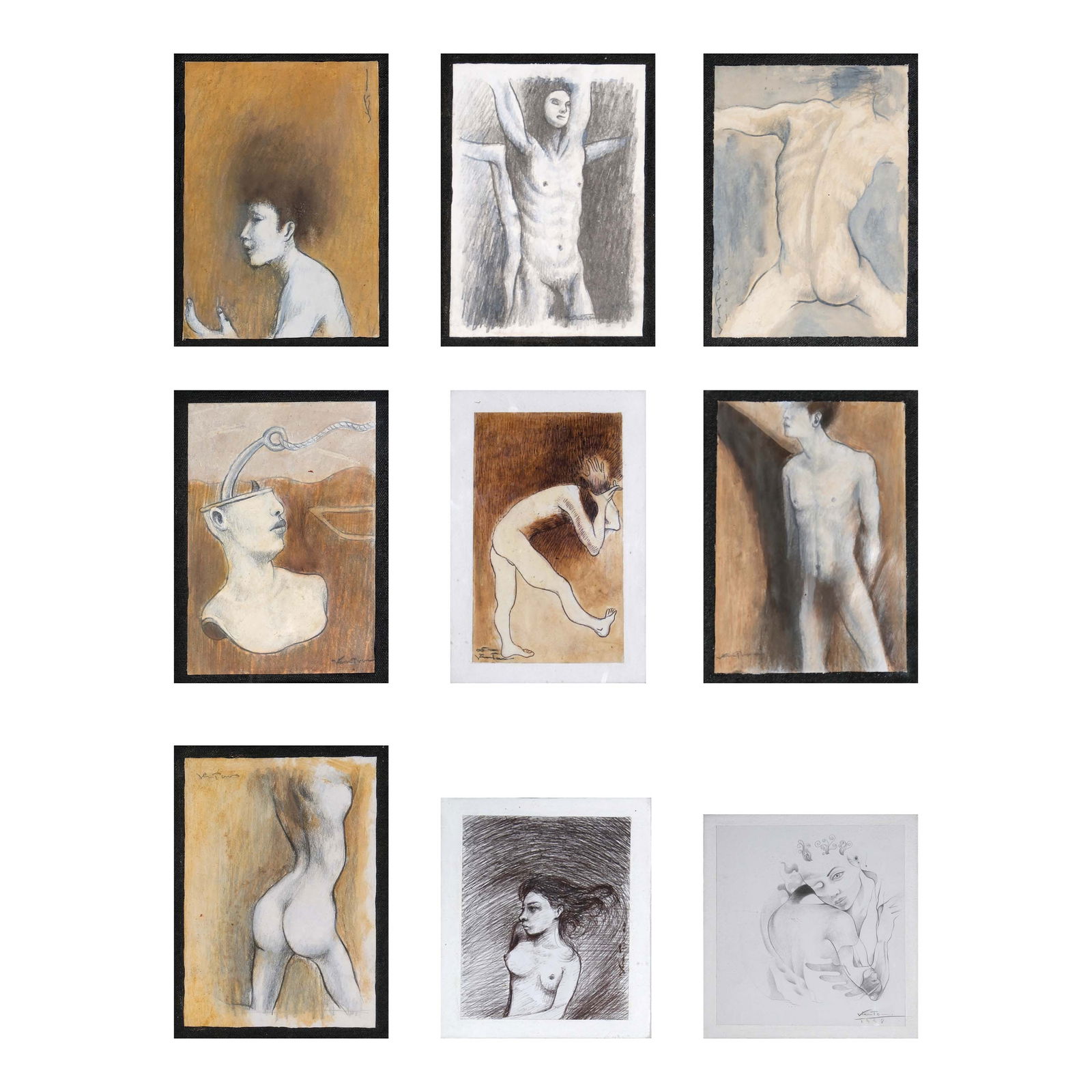 Ronald Ventura (b. 1973): a.) Untitledsigned (upper right)oil and graphite on papermounted on canvas6" x 4 1/2" (15 cm x 11 cm)b.) Untitledsigned (lower right)oil and graphite on papermounted on canvas6" x 4 1/2" (15 cm