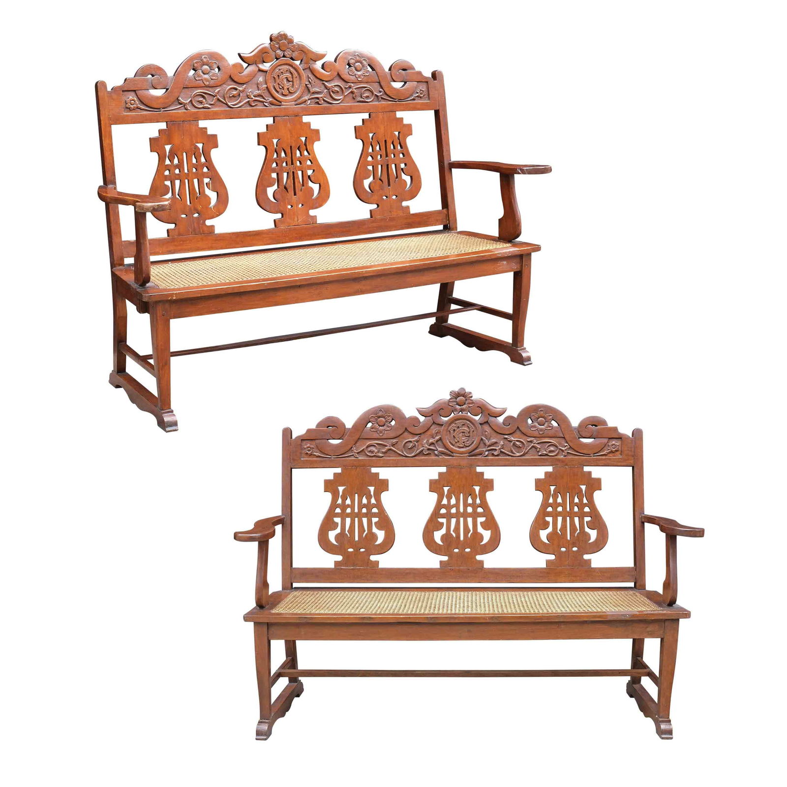 A Pair of Circa 1920’s Art Nouveau Settees: PROPERTY FORMERLY IN THE ROMEO JORGE COLLECTIONnarra, with solohiya or cane weaving43 1/2” x 58” x 20” (110 cm x 147 cm x 51 cm) each