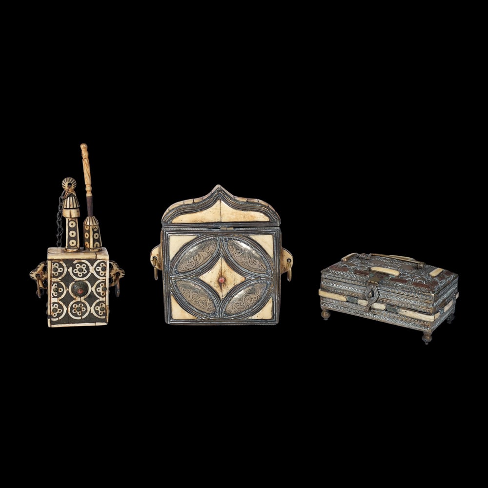 A Group Consisting of an Opium Pipe and Two Lidded Boxes: PROPERTY FROM THE DR. AND MRS. ROBERTO MACASAET COLLECTIONbrass and bonea. 8 1/2” x 4” x 2” (22 cm x 10 cm x 5 cm)b. 6 1/2” x 6 1/2” x 1 1/2” (17 cm x 17 cm x 4 cm)