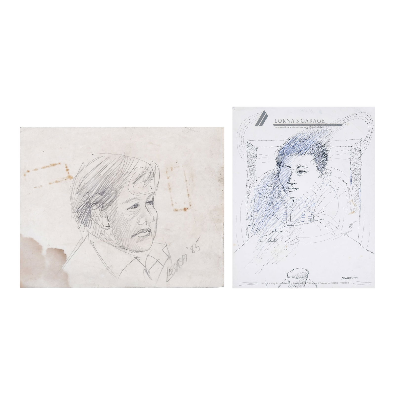 PROPERTY FROM THE LORNA REVILLA MONTILLA COLLECTION Cesar Legaspi (1917 - 1994) & : Cesar Legaspi (1917 - 1994)a.) Portraitsigned and dated 1985 (lower right)graphite on paper4 1/4" x 5 1/2" (11 cm x 14 cm) Nunelucio Alvarado (b. 1950)b.) Portraitsigned and dated 1981 (lower right)p