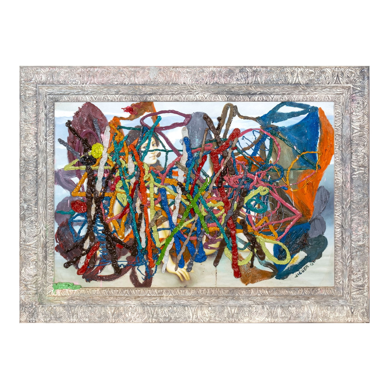 Jigger Cruz (b. 1984) - Sudden Flesh in a Fountain of Blues: Sudden Flesh in a Fountain of Blues signed and dated 2013 (lower right) oil on canvas without frame: 22" x 36" (56 cm x 91 cm) with frame: 32 1/2" x 44 1/2" (83 cm x 113 cm) PROVENANCE: León Gallery,