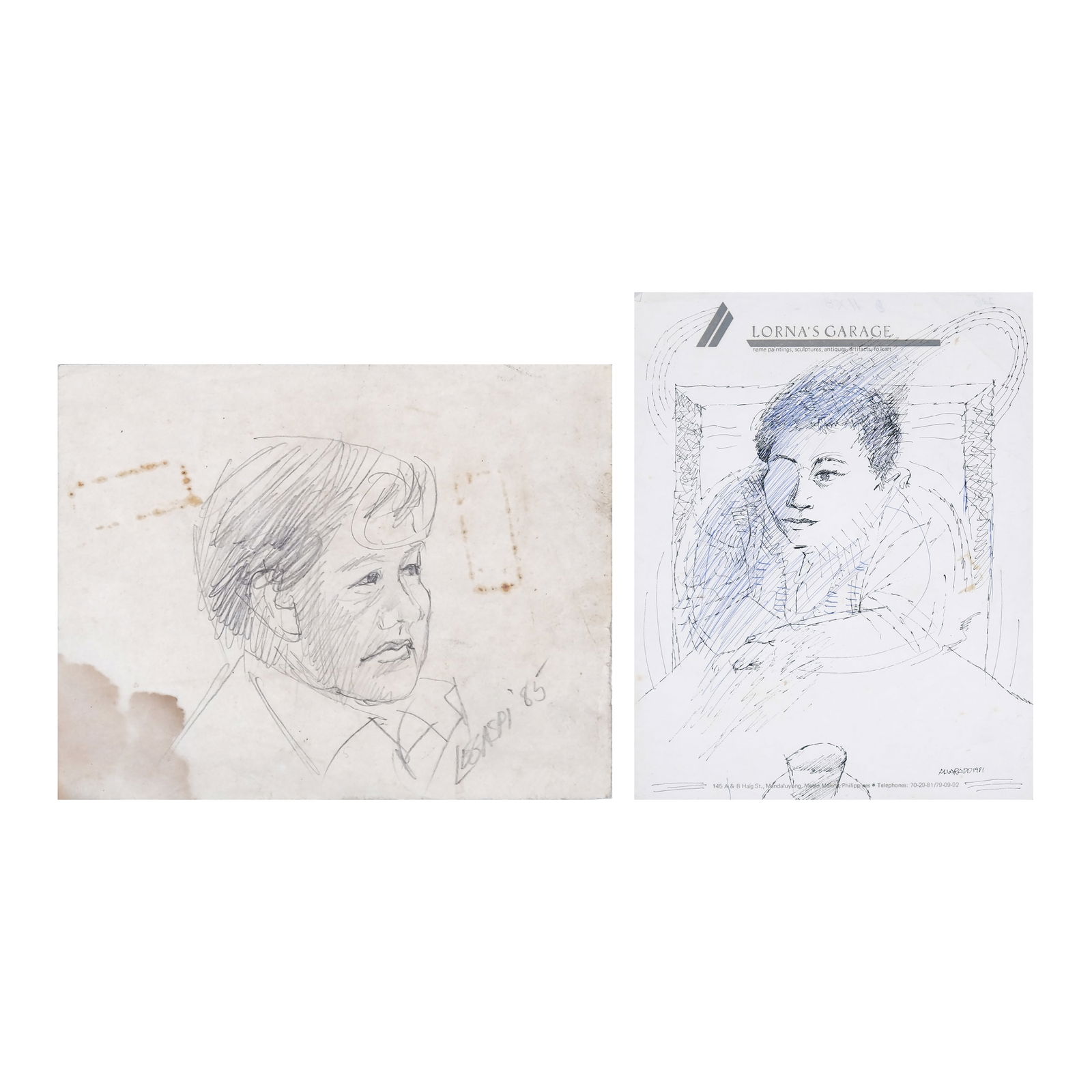 Cesar Legaspi (1917 - 1994) Nunelucio Alvarado (b. 1950): a.) Portraitsigned and dated 1985 (lower right)graphite on paper4 1/4" x 5 1/2" (11 cm x 14 cm)b.) Portraitsigned and dated 1981 (lower right)pen and ink on paper11" x 8 1/2" (28 cm x 22 cm)