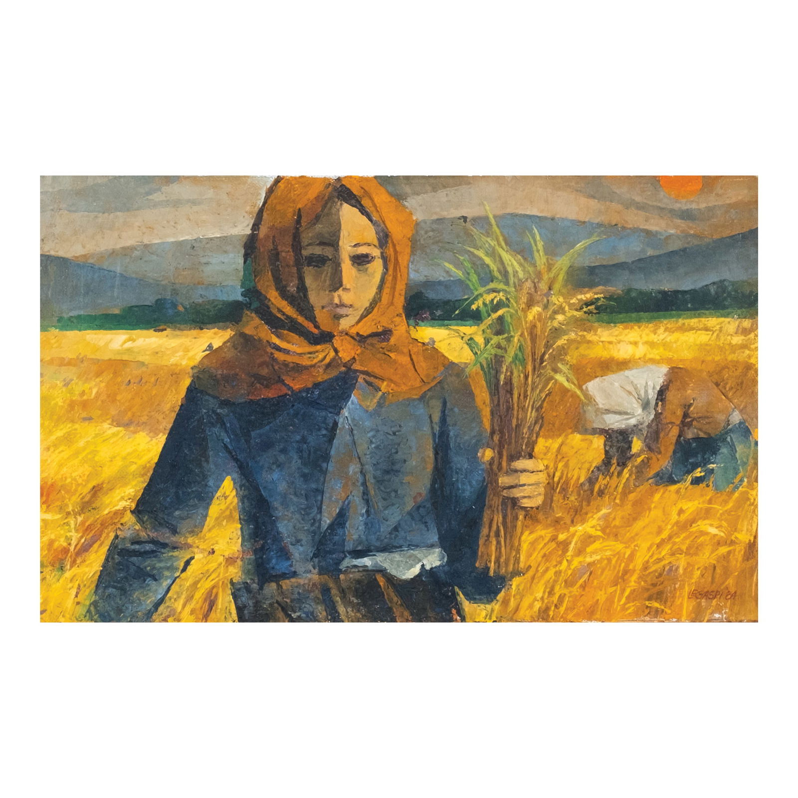 Cesar Legaspi (1917 - 1994) - Pag-aani (Harvest): Cesar Legaspi (1917 - 1994)Pag-aani (Harvest)signed and dated 1984 (lower right)oil on canvas8 1/4" x 13 1/4" (21 cm x 34 cm) Cesar Legaspi’s prolific artistic career, spanning almost 6