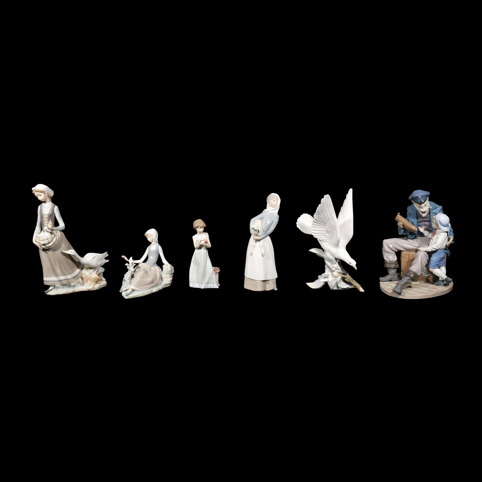 Six Lladro Figurines: a.) 12 1/4” x 7” x 3 1/2” (31 cm x 18 cm x 9 cm)b.) 6 1/2” x 6 1/2” x 4” (17 cm x 17 cm x 10 cm)c.) 8” x 3” x 3” (20 cm x 8 cm x 8 cm)d.) 10 3/4&r