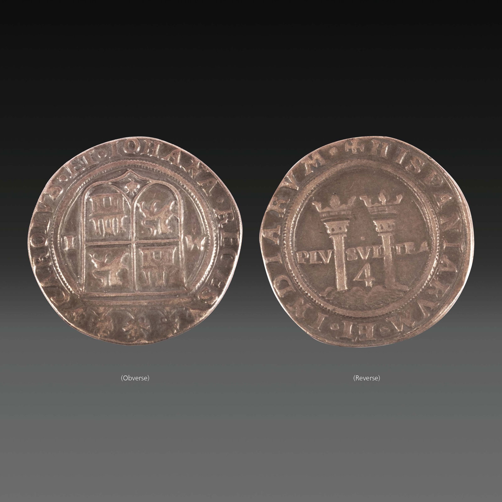 Charles and Joanna (Carlos and Juana) 4 Reales: Date: 1542-1543 Mint: Mexico City (oMo) Denomination: 4 Reales Weight: 13.5-14.5 grams Diameter: 30 mm Composition: 93.05% Silver, 6.95% Copper
