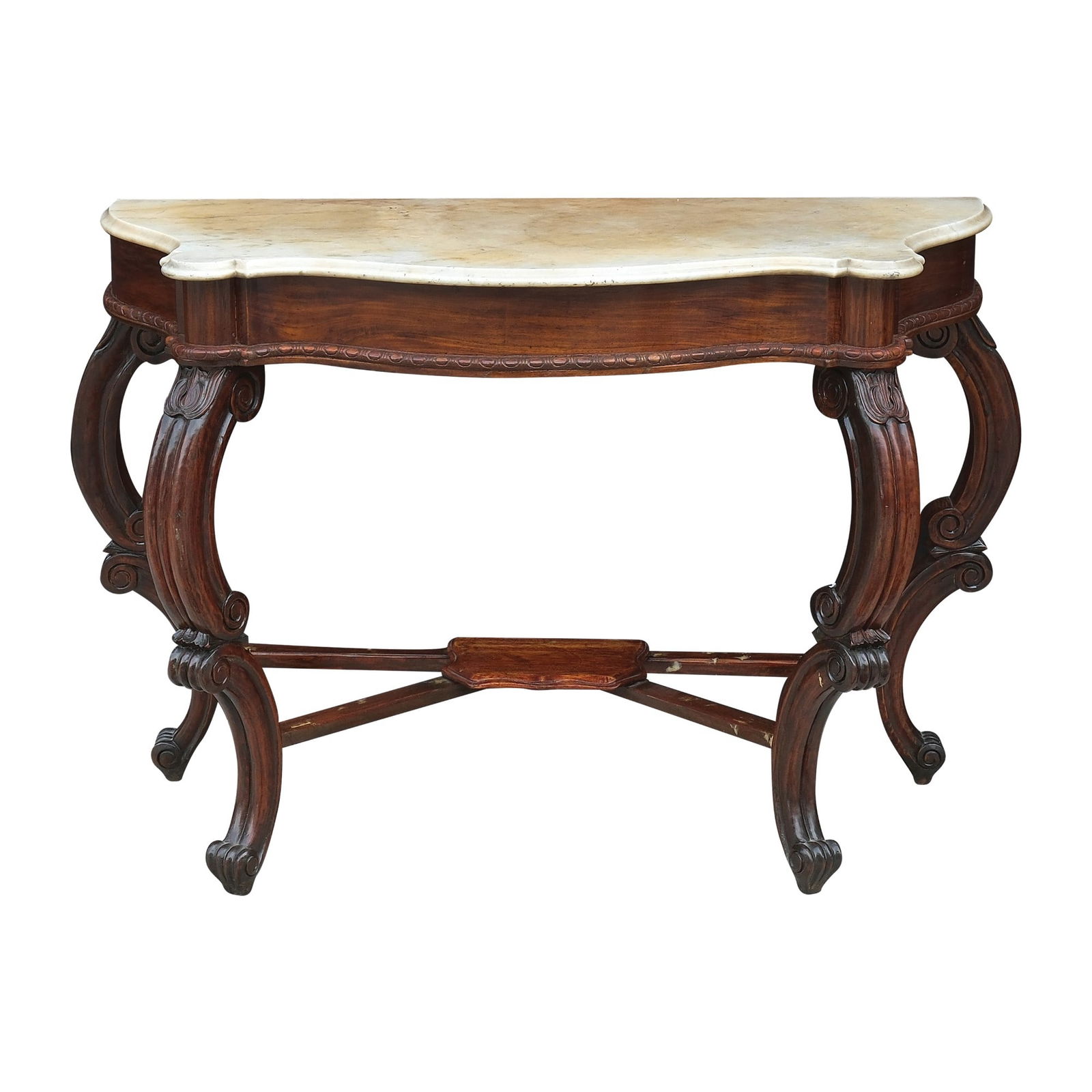 A Marble Top Console Table: PROPERTY FROM THE BAMBI HARPER COLLECTION narra and marble H: 33” (84 cm)L: 19” (48 cm)W: 51” (130 cm)