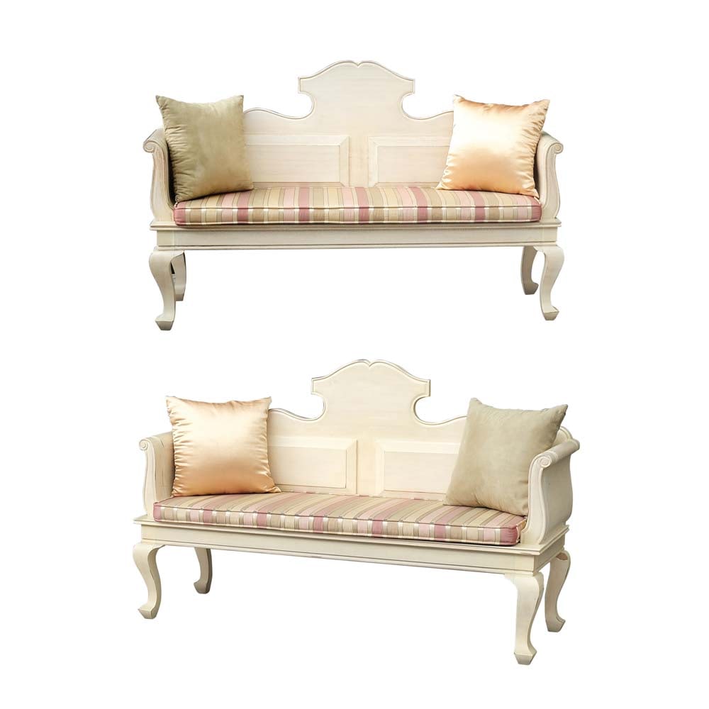 A Pair of Bespoke Settees: teakwood39 1/2” x 61” x 21” (100 cm x 155 cm x 53 cm) each