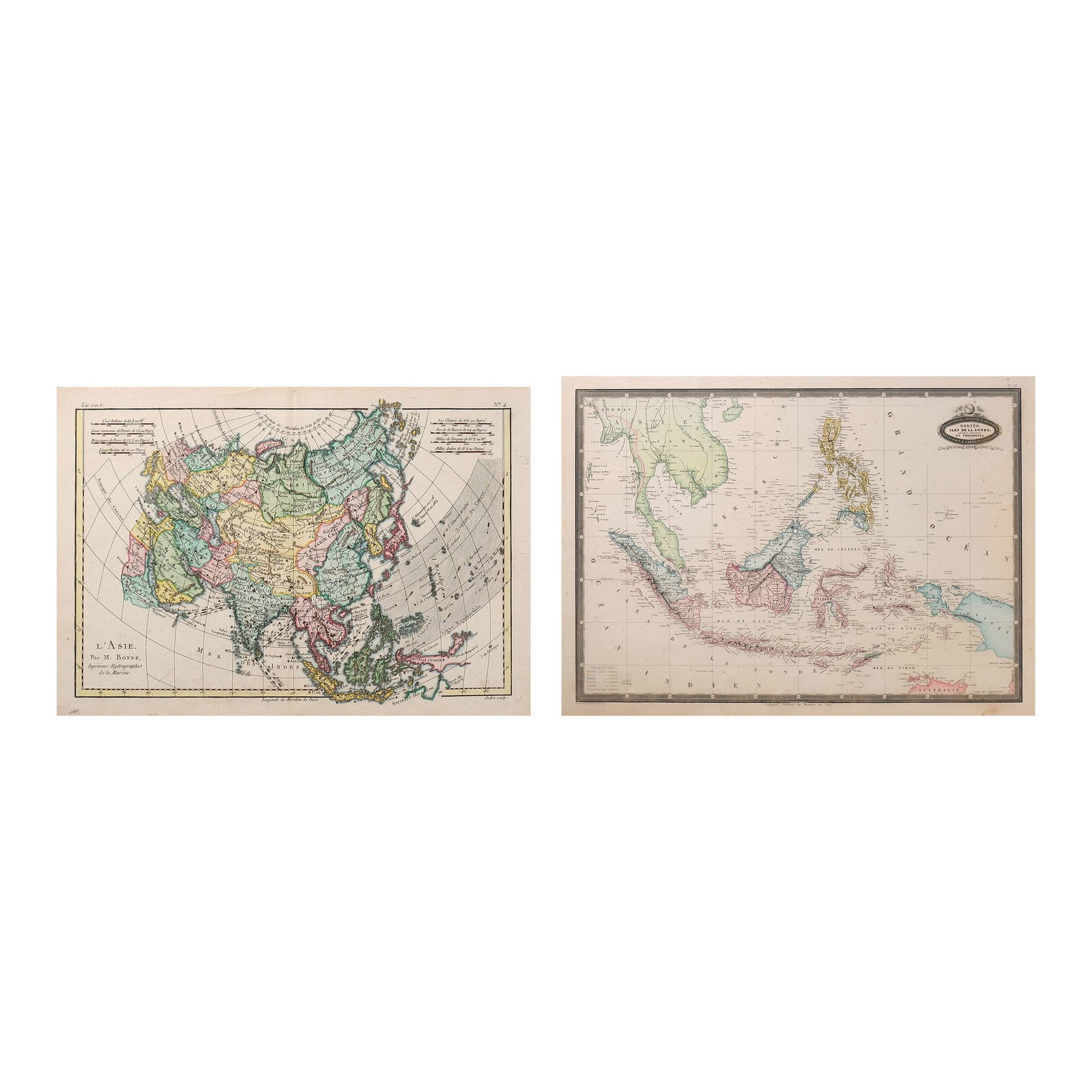 18th and 19th Century Hand-Coloured Maps of Asia Featuring the Philippines: a.) L’ Asie Par M. Bonne Antique Copperplate Engraved Map of Asia with Wind Lines and Countries Hand Colored in Outline. Rigobert Bonne, 17829 3/4” x 14” (25 cm x 36 cm) b.) F.A. Gar