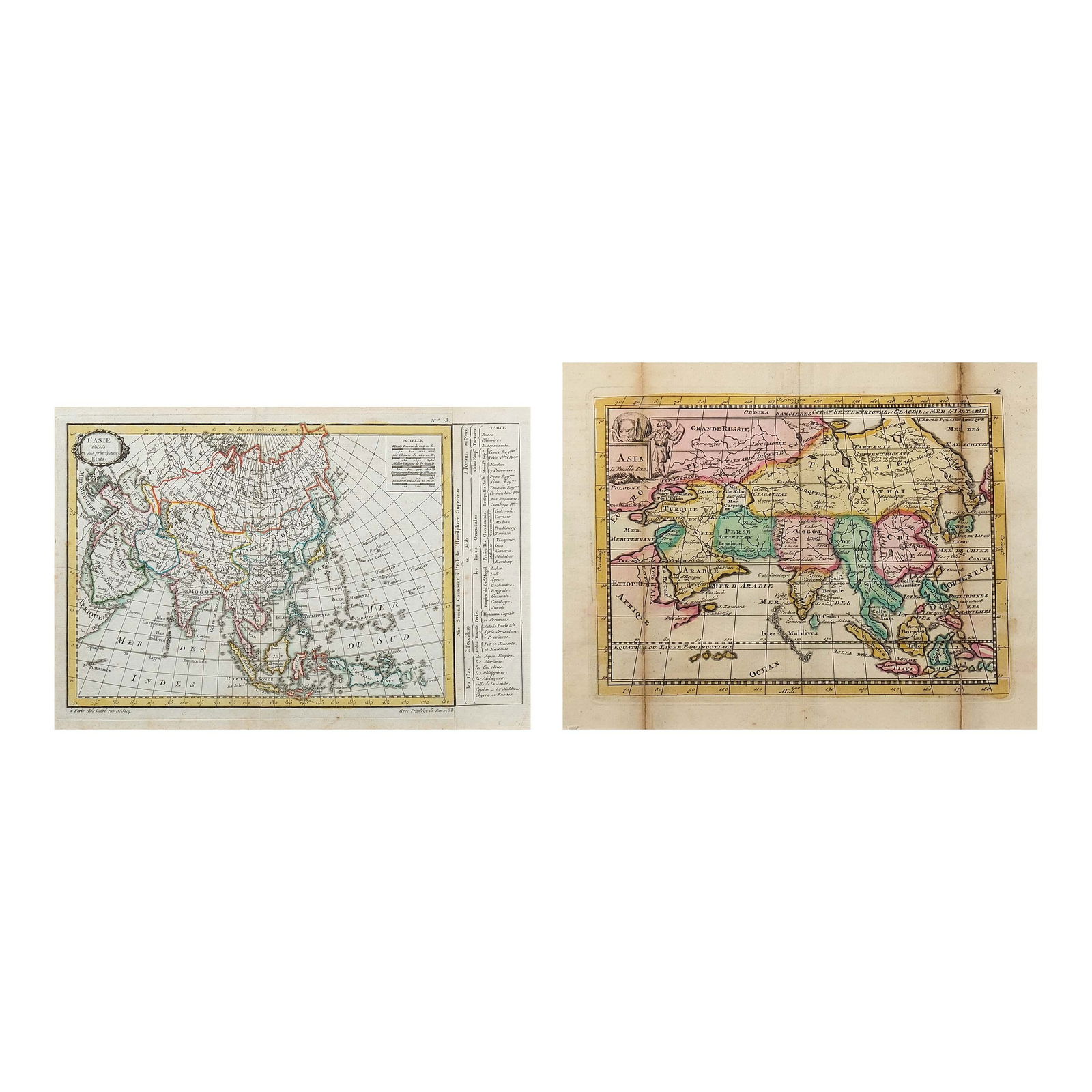 French 18th century hand-colored engraved maps of Asia featuring the Philippines: a.) Copper engravingEngraved by Lattre. L’ASIE divisee en ses principauxAttractive map of Asia. At the right margin there is a list and classification of the different territories and empires of