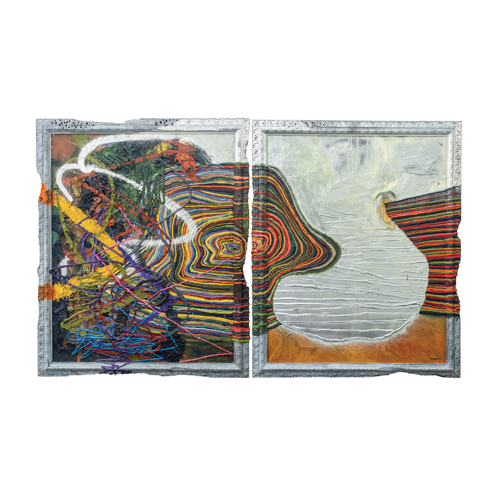 Jigger Cruz (b. 1984): Disjointed (Diptych)signed and dated 2015 (lower right)oil and spray paint on canvas and wood67 3/4" x 111" (172 cm x 282 cm)EXHIBITEDARNDT Fine Art Berlin, Jigger Cruz: Subtraction Paradise, Berlin,