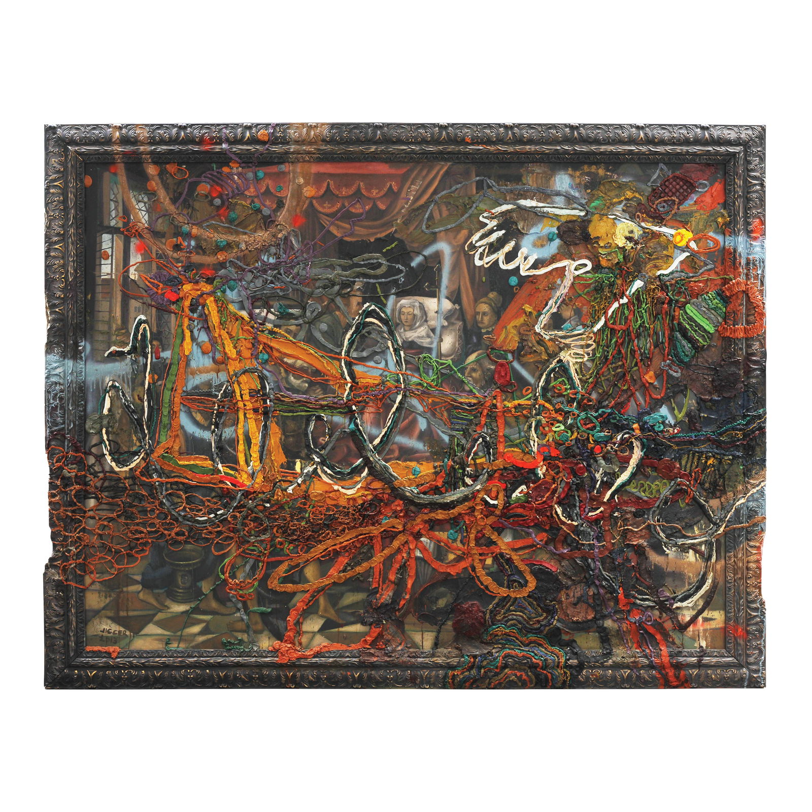 Jigger Cruz (b. 1984): Blares of the Oppositesigned and dated 2013 (lower left)oil and spray paint on canvas and wooden frame65” x 80 1/2” (165 cm x 204 cm)PROVENANCESothebys, Modern and Contemporary Southeast A
