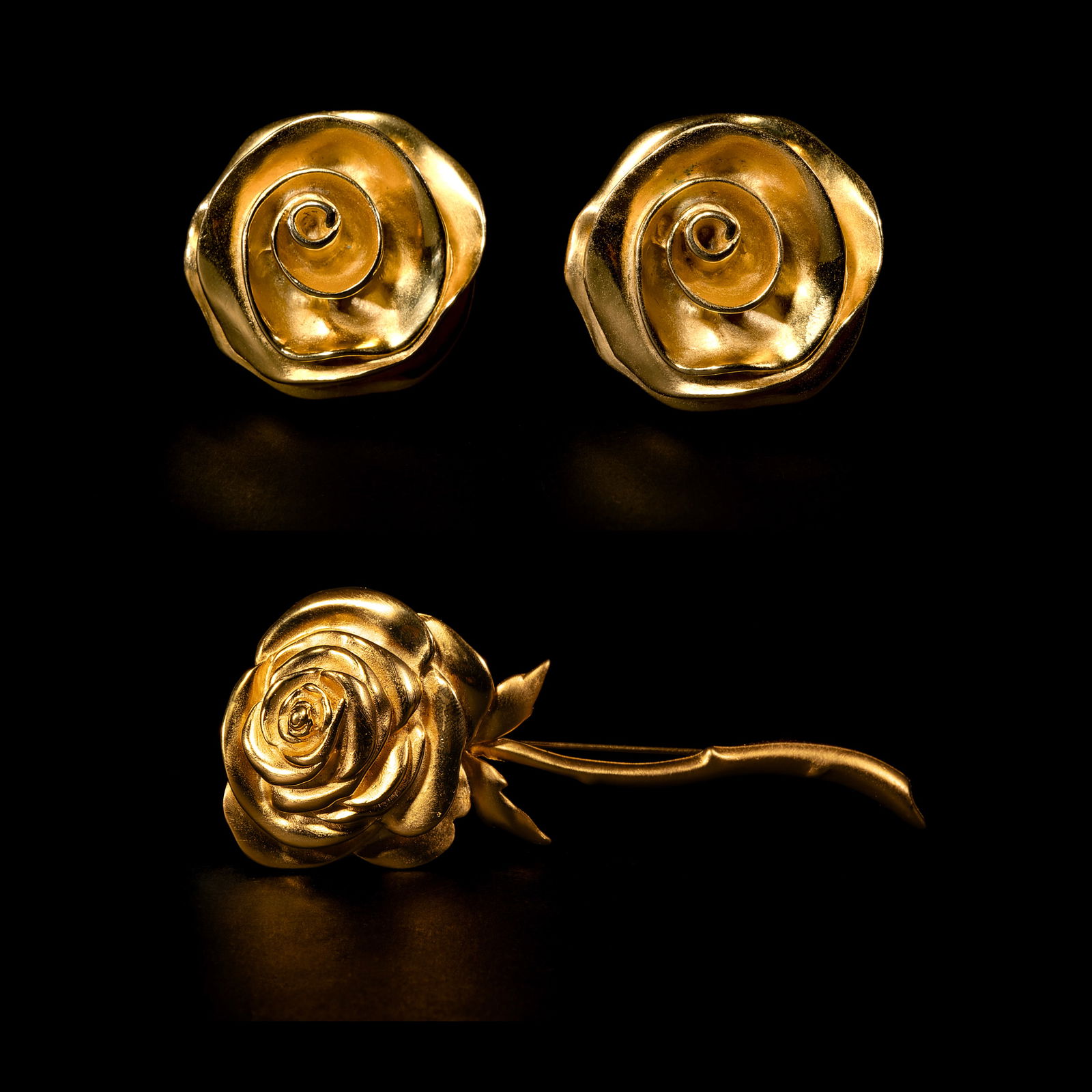 A Set of 1980s Givenchy Rose Accessories: The set comprises of gold-plated rose earringsand a long-stem rose brooch. Signed Paris New York Givenchy with maker’smark. Weighs 50.40 grams, and 42.30 grams.