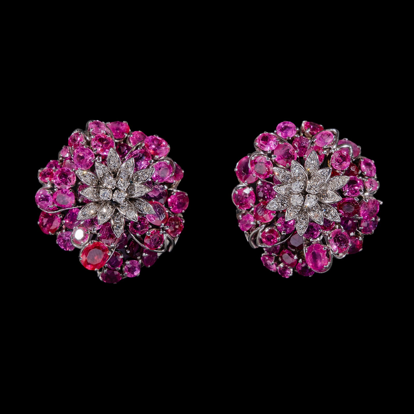 Ruby and Diamond Flower Earrings Set in White Gold (1 of 1)