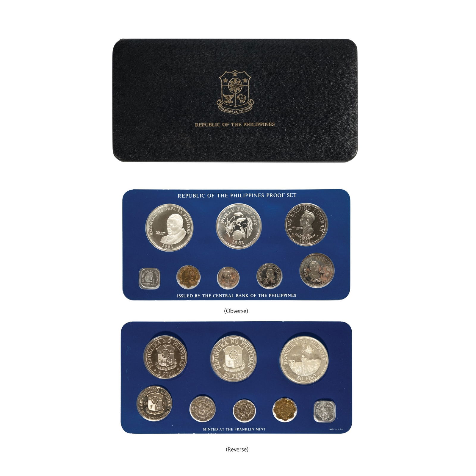 Republic of the Philippines Proof Set: issued by the Central Bank of the Philippines minted at the Franklin Mint 1981 8 pcs with box: 8” x 4” (20 cm x 10 cm)