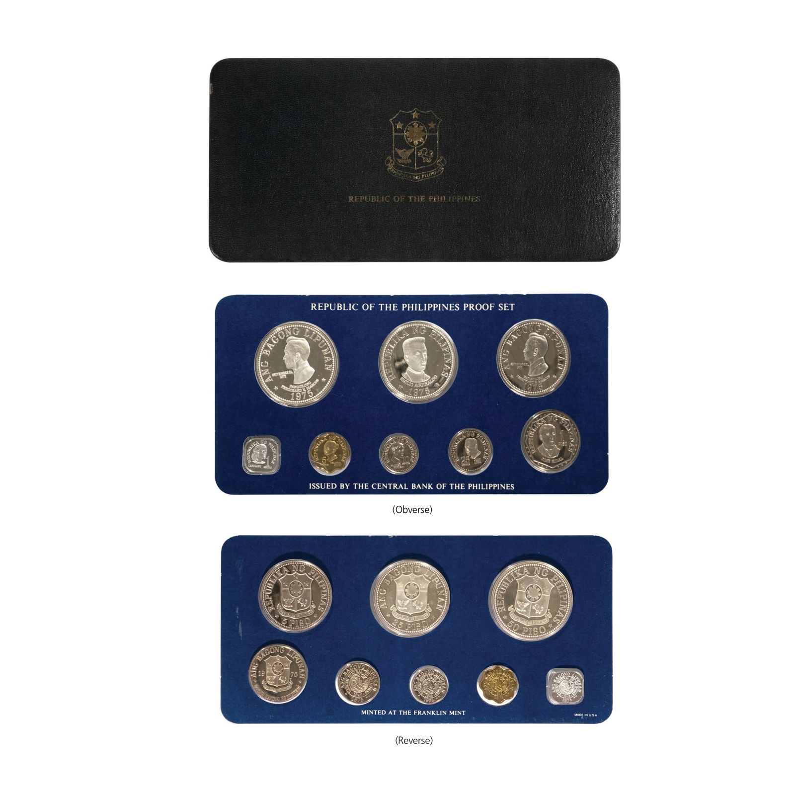 Republic of the Philippines Proof Set: issued by the Central Bank of the Philippines minted at the Franklin Mint 1975 8 pcs with box: 8” x 4” (20 cm x 10 cm)