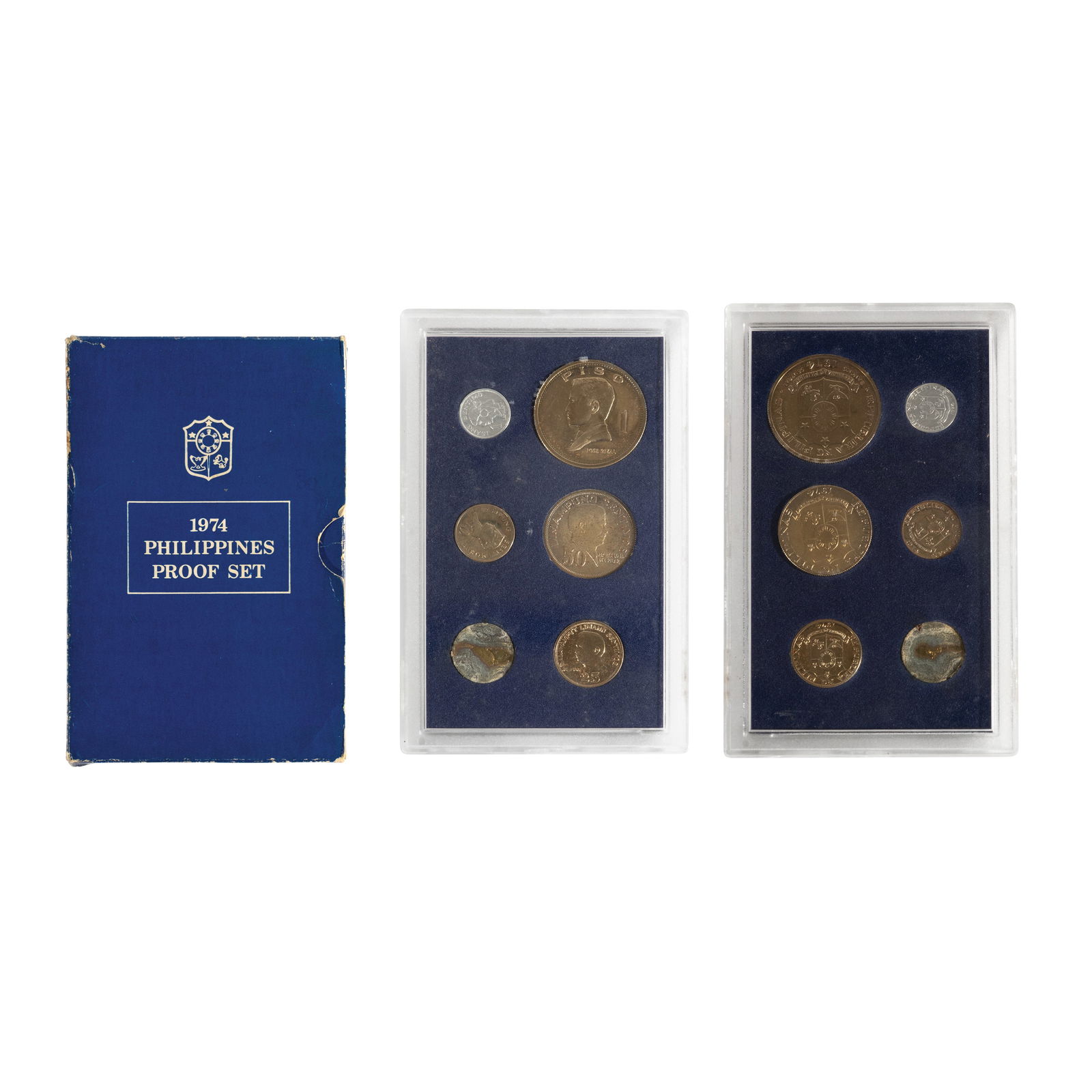 1974 Philippines Proof Set Coins: 6 pcs with box: 5 3/8” x 3 1/4” (14 cm x 8 cm)