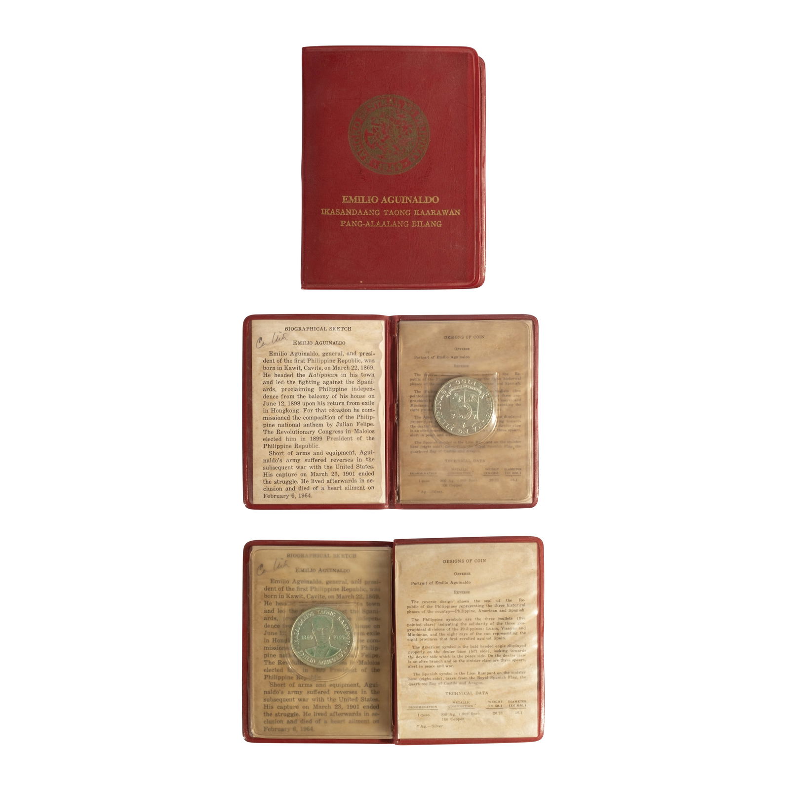 1969 Philippine One Piso Silver Commemorative Coin, issued to celebrate the 100th Birth Anniversary: Obverse: A portrait of Aguinaldo flanked by the dates “1869 and 1969”. Reverse: Displays the official Coat of Arms of the Republic of the PhilippinesTechnical Specification: Metallic