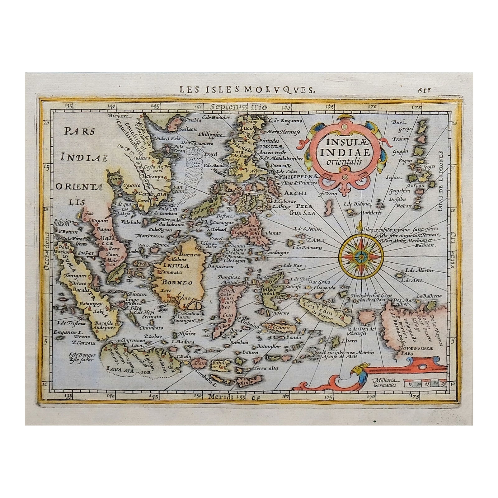 Hondius MAP Insulae Indiae Orientalis: hand colored copperplate engraving, original, antique, ca 17th century 6 1/2” x 8 1/4” (17 cm x 21 cm)