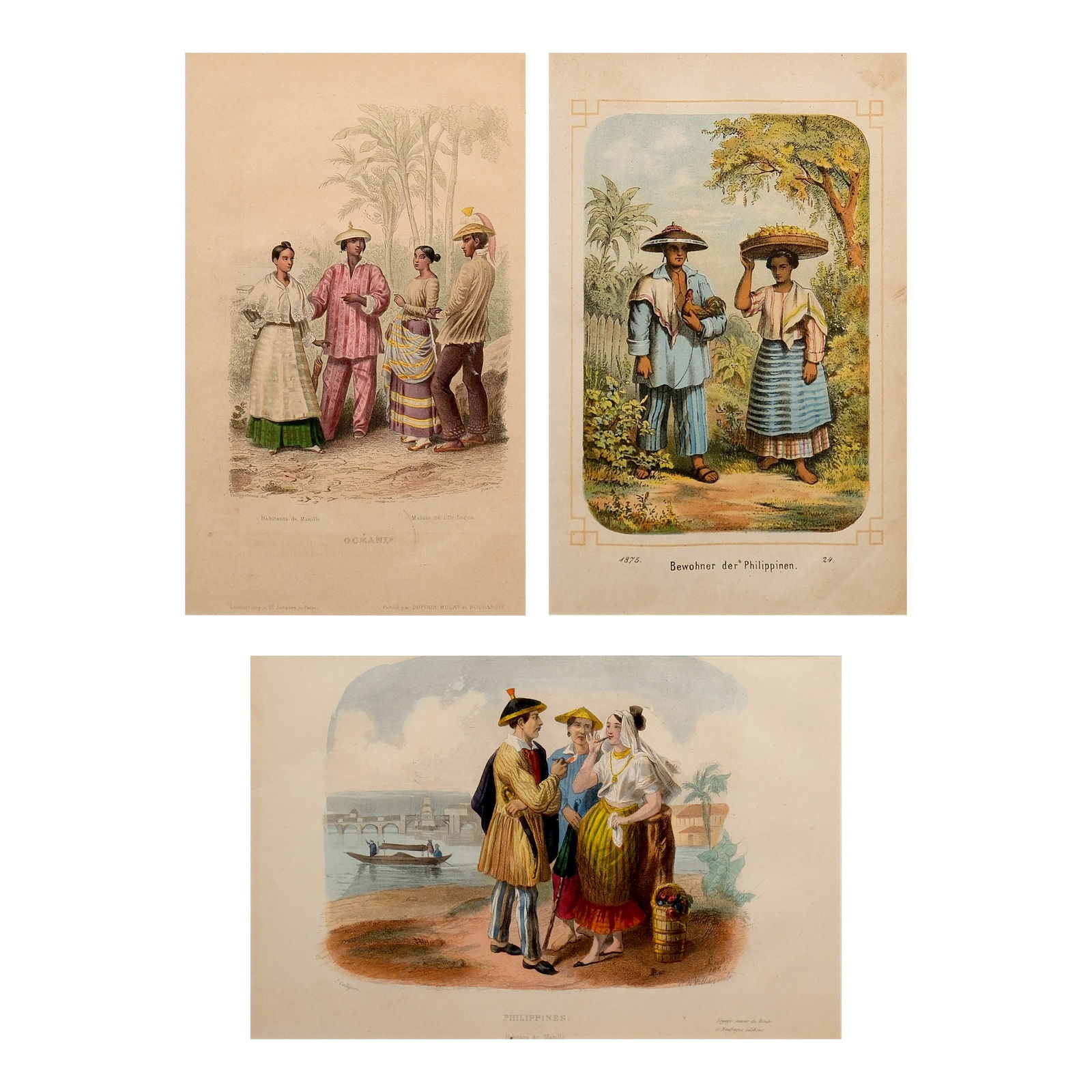 A Lot of Prints: a.) 19th Century Lithograph – OCEANIE “Habitante de Manille”, hand colored copperplate engraving, original, antique, ca. 1870, 9 1/2” x 5 3/4” (24 cm x 15 cm)b.) 19th