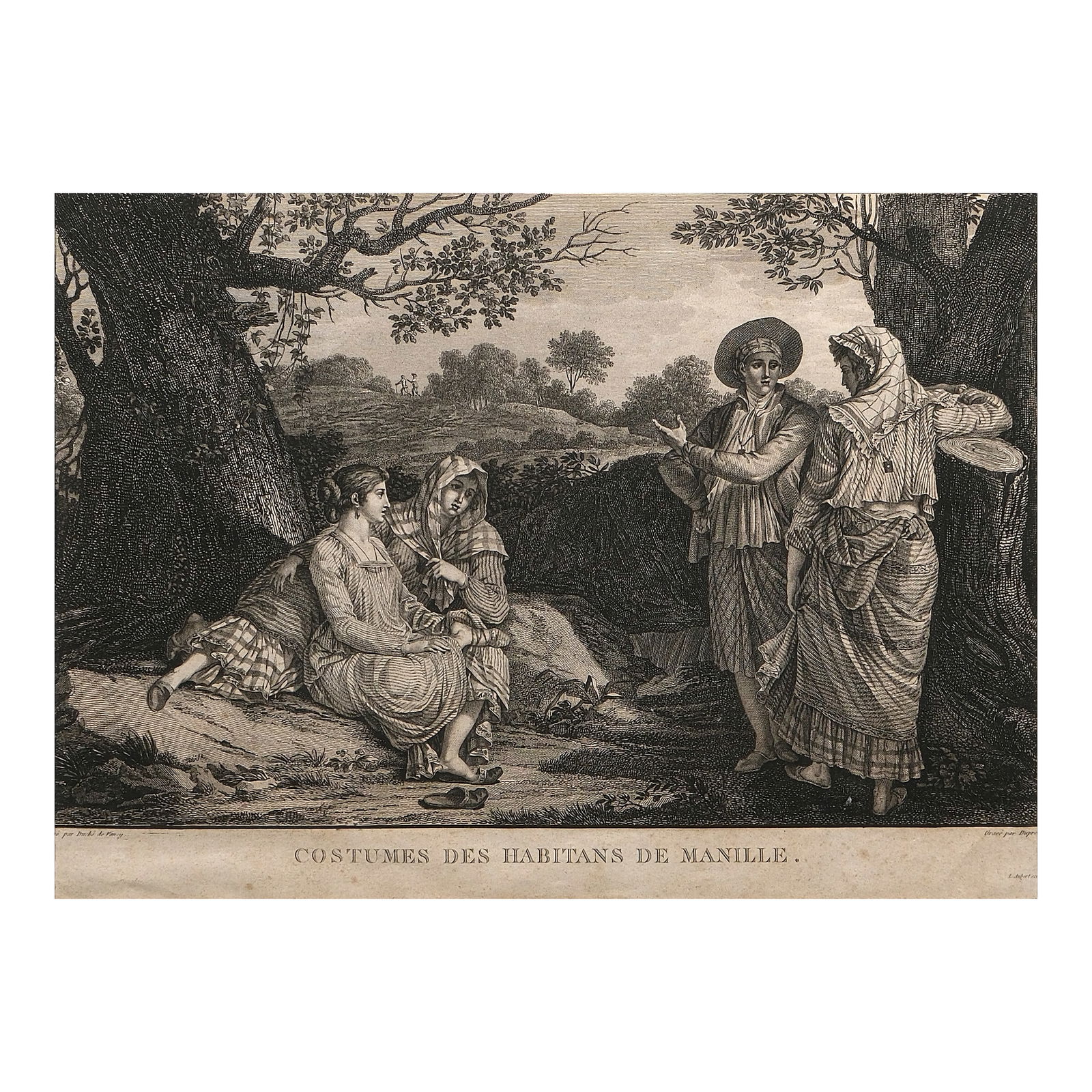 Duche de Vancy: Costumes Des Habitans De Manille copperplate engraving 11” x 15 1/2” (28 cm x 39 cm)