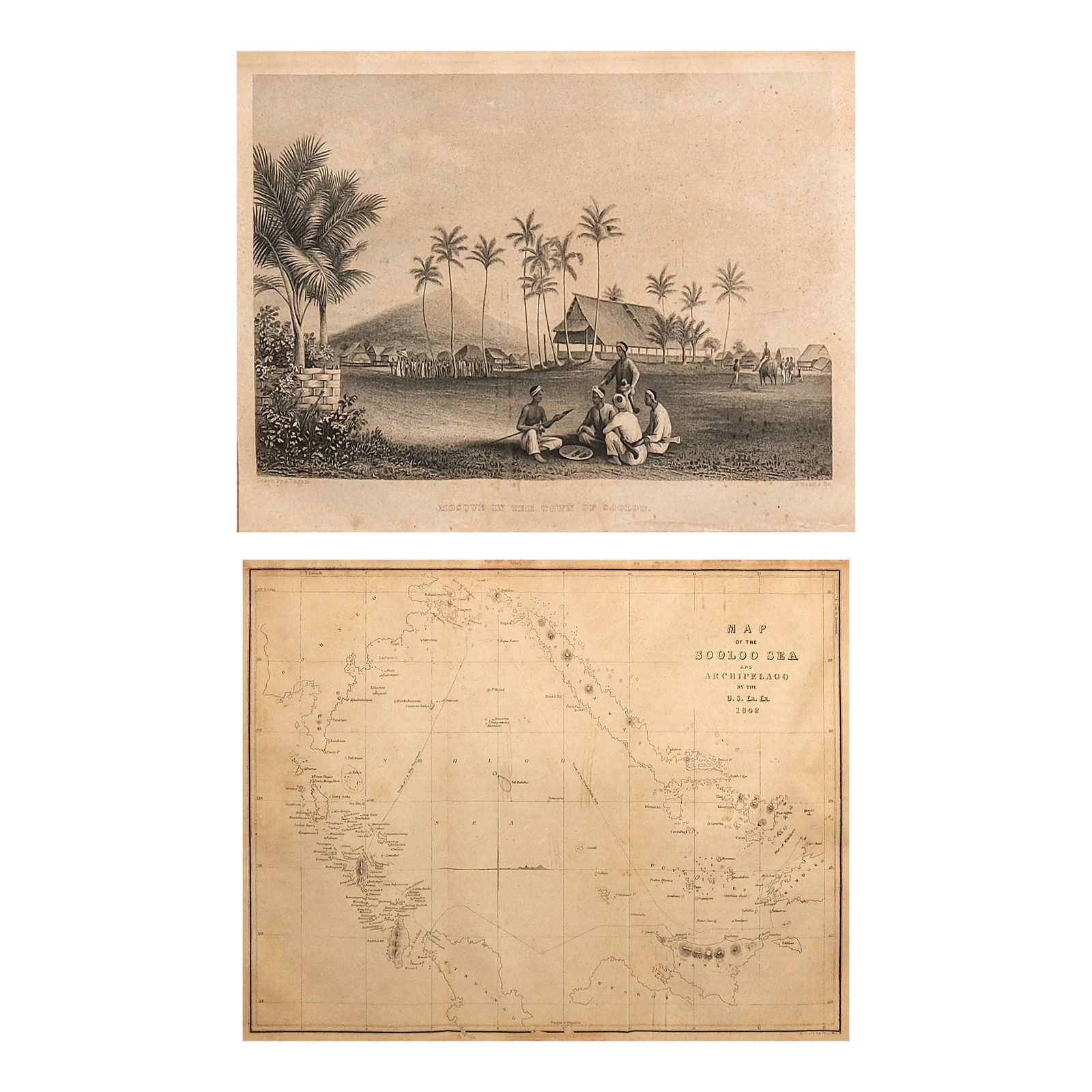 Pair of Prints: PROPERTY OF A DISTINGUISHED LADYa.) An Antique Philippine View Print 5 1/2” x 7 1/2” (14 cm x 18 cm)b.) A Map of Sooloo 1842 9” x 11 1/2” (23 cm x 29 cm)