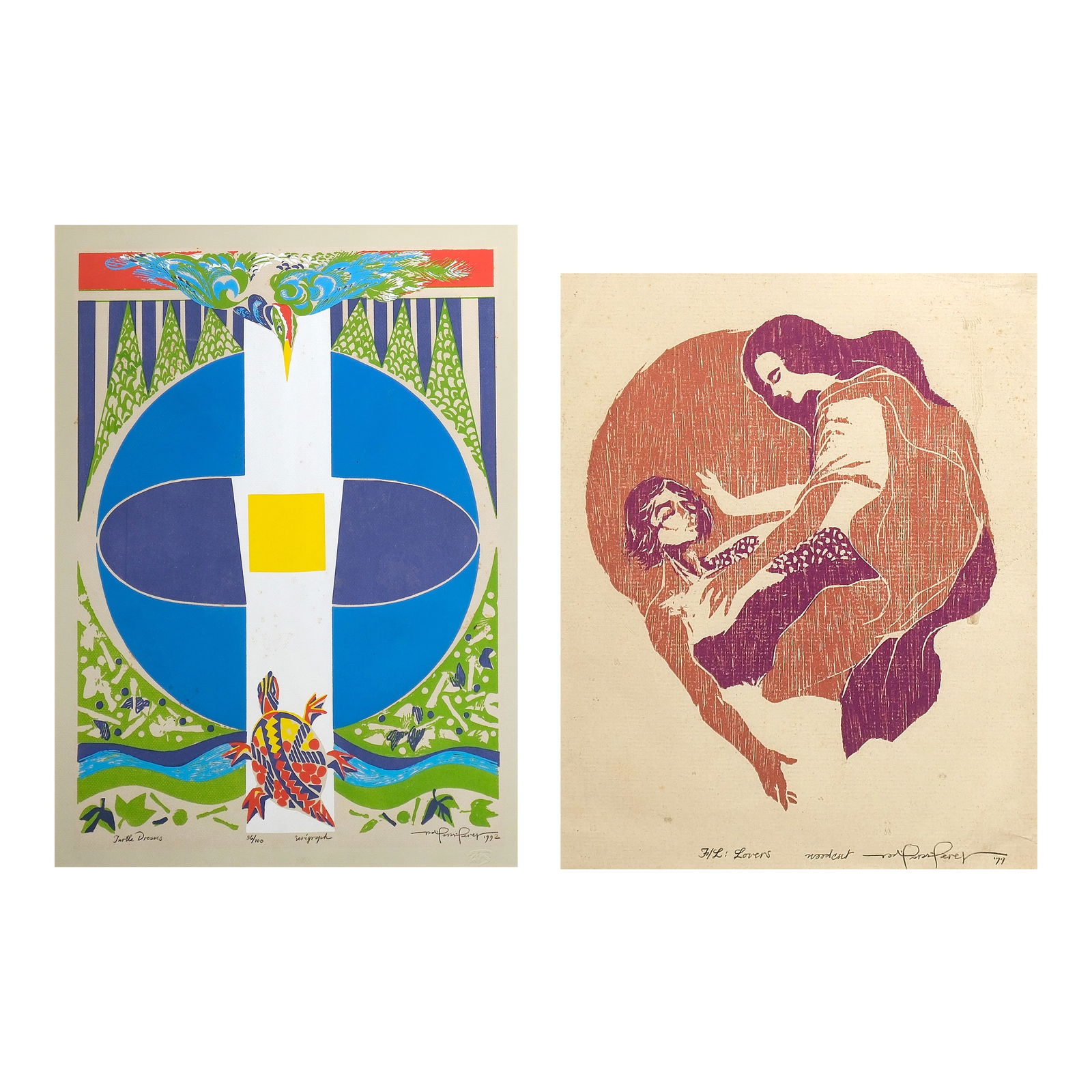 Rod Paras-Perez (1934 - 2011): PROPERTY OF A DISTINGUISHED LADYa.) Untitled hand-signed and dated 1992 (lower right) serigraph, 36/100 24” x 17 1/4” (61 cm x 44 cm)b.) Lovers hand-signed and dated 1977 (lower right)