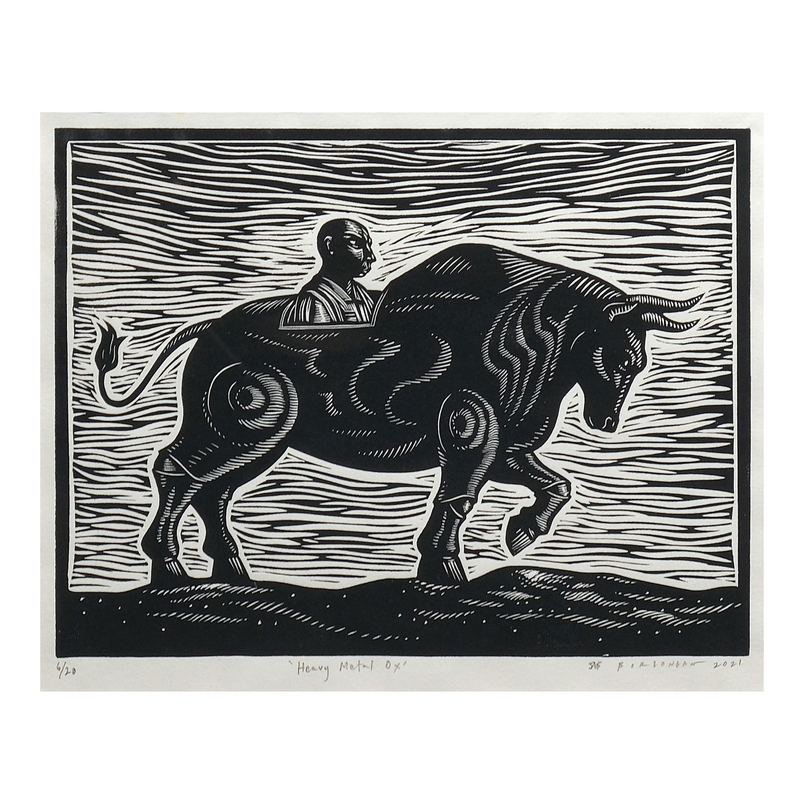 Elmer Borlongan (b. 1967): Heavy Metal OX hand-signed and dated 2021 (lower right) rubbercut print, 6/20 9 1/2” x 12” (24 cm x 30 cm)