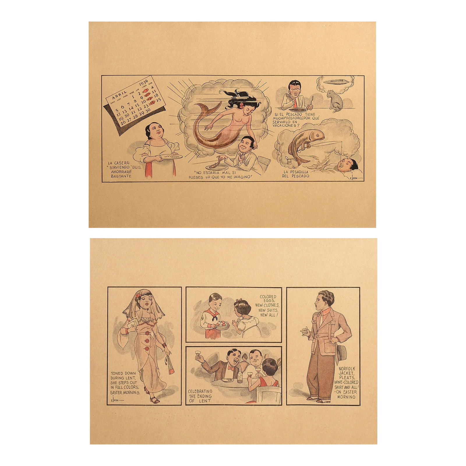 Esmeraldo “EZ?? Izon: PROPERTY OF A DISTINGUISHED LADY a.) Meditation on Lenten Fish Dayssigned (lower right)dated April 1936original board with ink and red wash11” x 15 1/2” (28 cm x 39 cm) b.) End of Lent: Ea