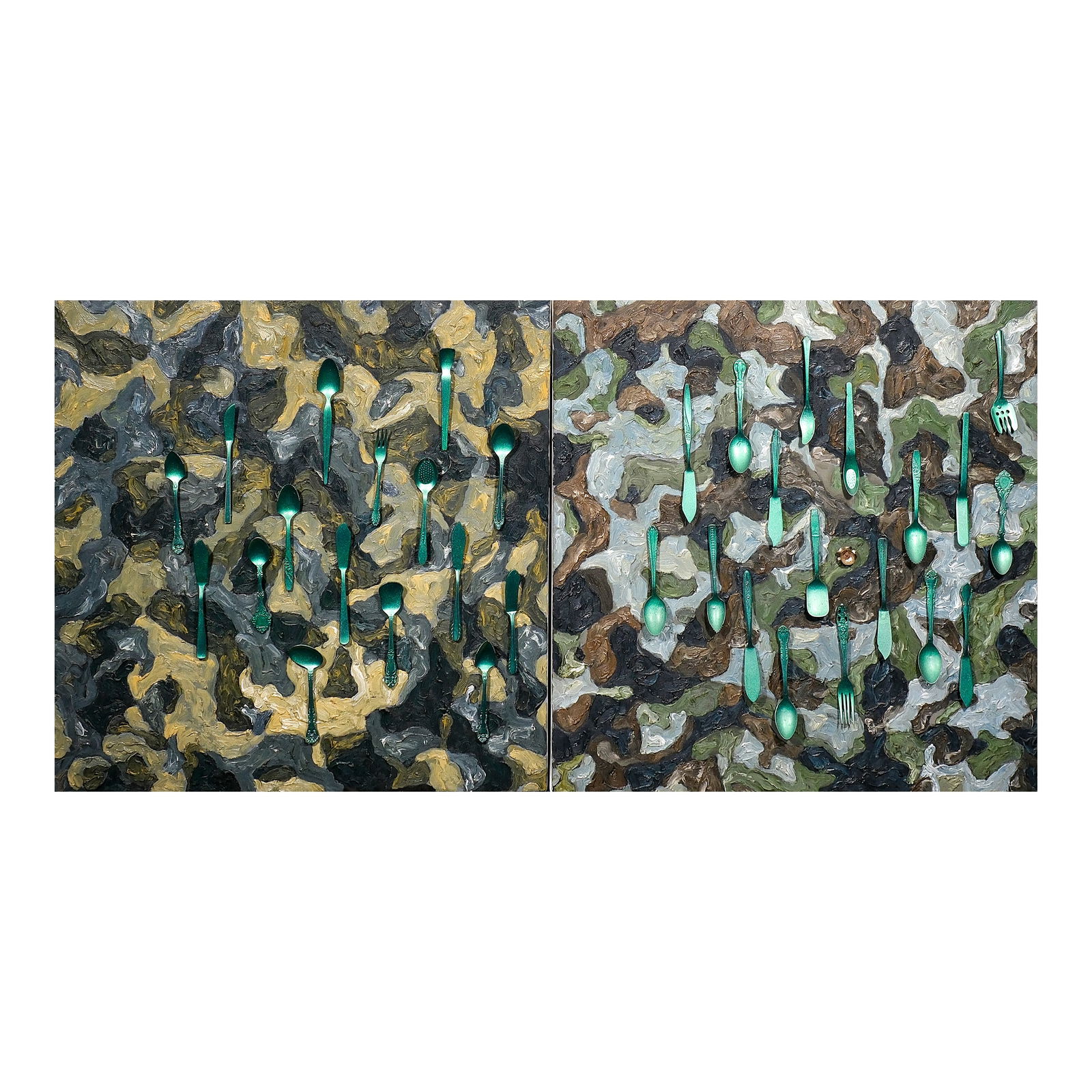 Jonathan Ching (b. 1969): Utensils (Diptych) unsignedoil on canvas and stainless steel 24” x 24” (61 cm x 61 cm) provenance:Blanc Gallery