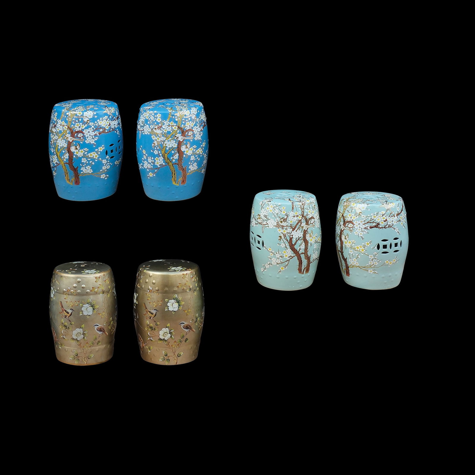 Three Pairs of Oriental Drumstools: PROPERTY OF A DISTINGUISHED LADYa.) 18 1/4” x 14 3/4” (46 cm x 37 cm)b.) 18” x 13” (46 cm x 33 cm)c.) 18 1/4” x 13” (46 cm x 33 cm)d.) 18 1/4” x 13” (46